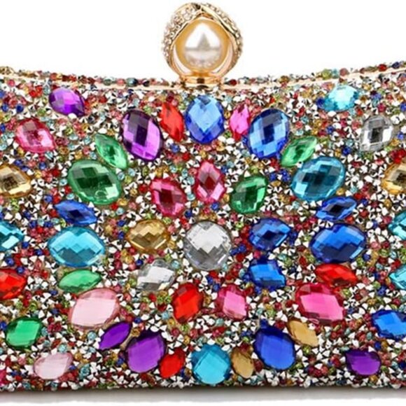 Women Rhinestone Evening Clutch Bag Multicolor Crystal Bridal Wedding Purse - Picture 1 of 9